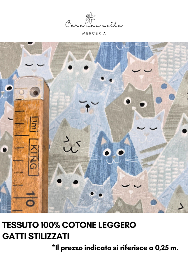 Tessuto 100% Cotone Leggero – Gatti Stilizzati