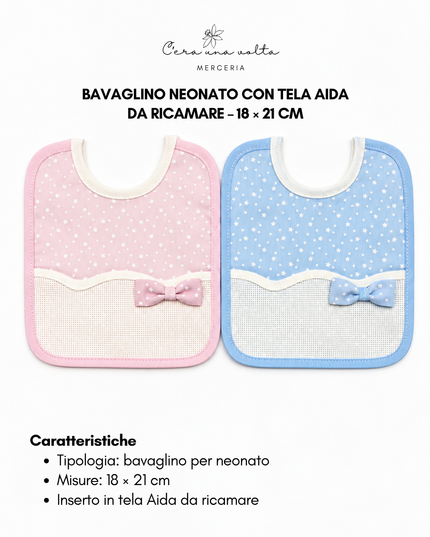 Bavaglino neonato stelline e fiocco con tela Aida da ricamare – 18 × 21 cm