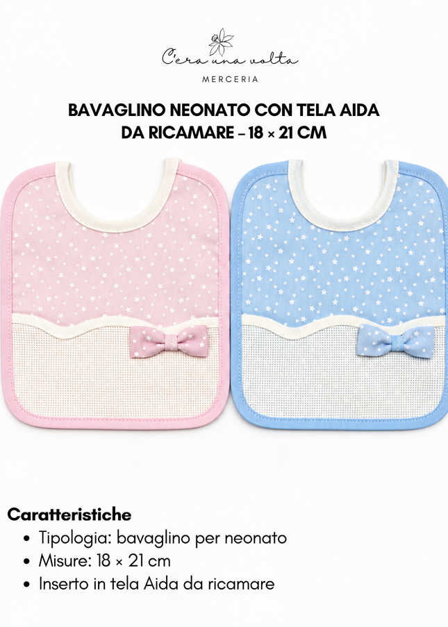Bavaglino neonato stelline e fiocco con tela Aida da ricamare – 18 × 21 cm