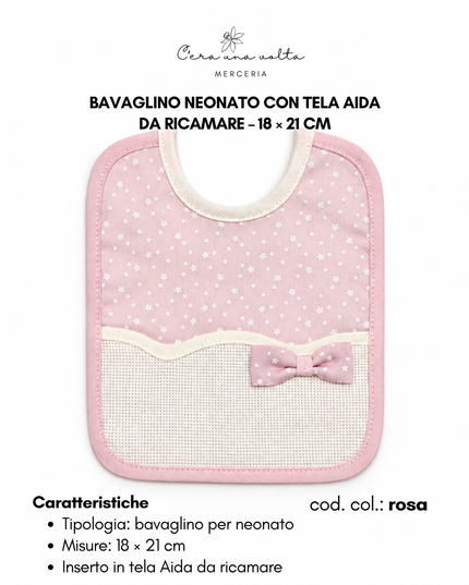 Bavaglino neonato stelline e fiocco con tela Aida da ricamare – 18 × 21 cm