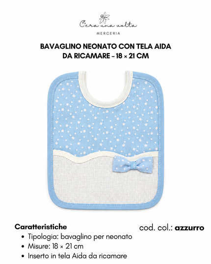 Bavaglino neonato stelline e fiocco con tela Aida da ricamare – 18 × 21 cm
