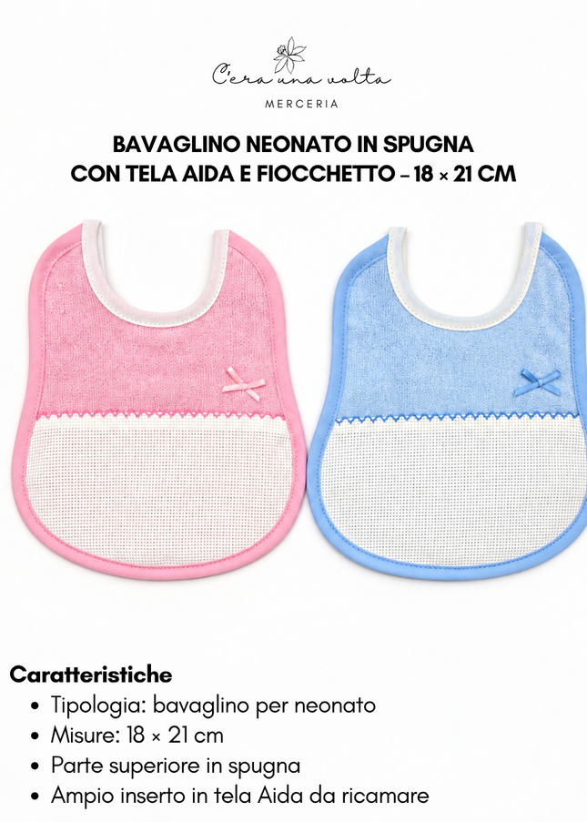 Bavaglino neonato in spugna con tela Aida e fiocchetto – 18 × 21 cm