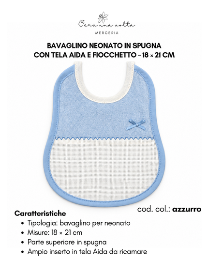 Bavaglino neonato in spugna con tela Aida e fiocchetto – 18 × 21 cm