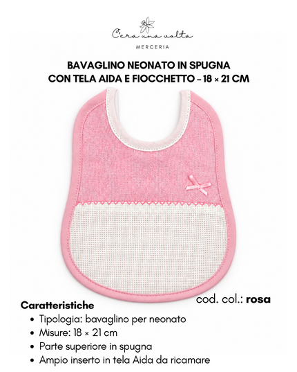 Bavaglino neonato in spugna con tela Aida e fiocchetto – 18 × 21 cm