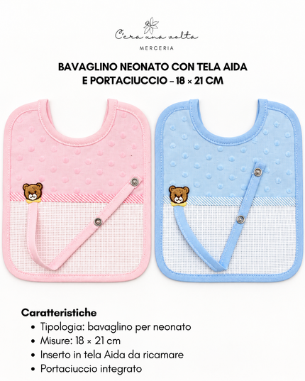 Bavaglino neonato con tela Aida e portaciuccio