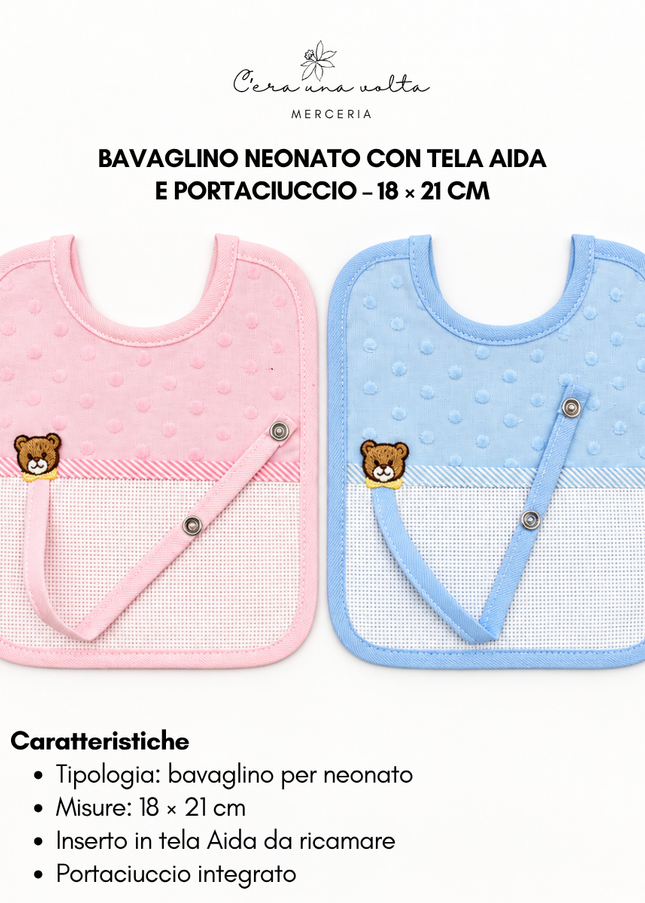 Bavaglino neonato con tela Aida e portaciuccio