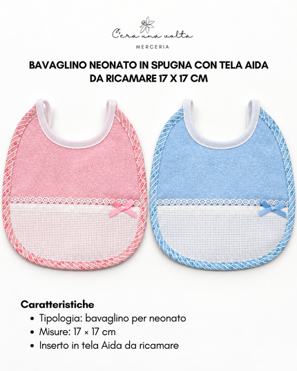 Bavaglino neonato in spugna con tela Aida da ricamare 17 x 17 cm
