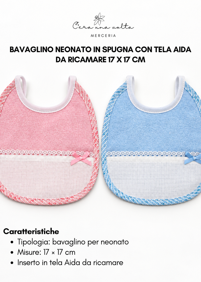 Bavaglino neonato in spugna con tela Aida da ricamare 17 x 17 cm