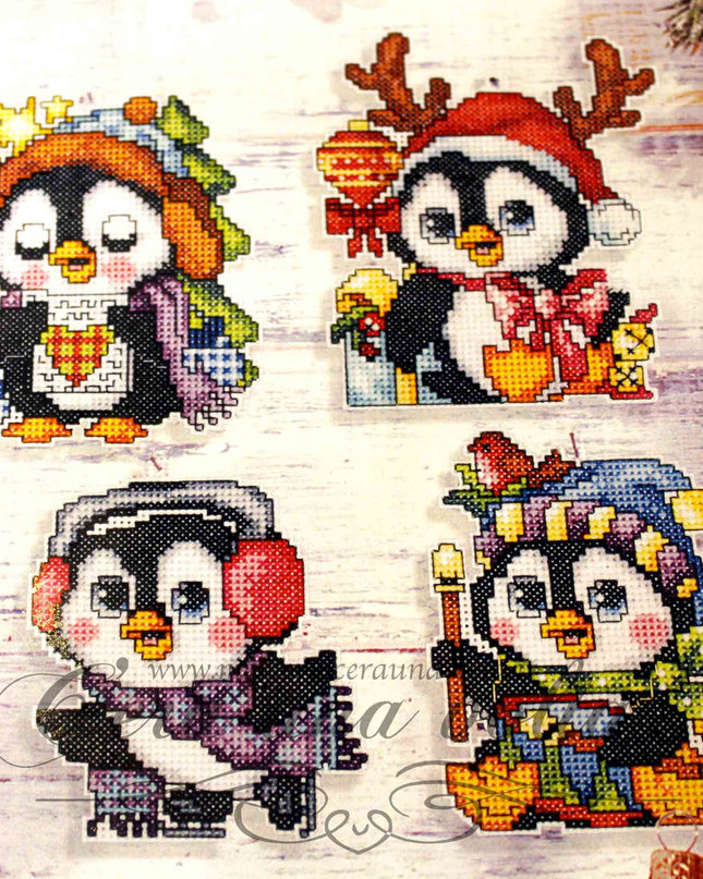 Kit 4 decorazioni pinguini punto croce ritagliabili