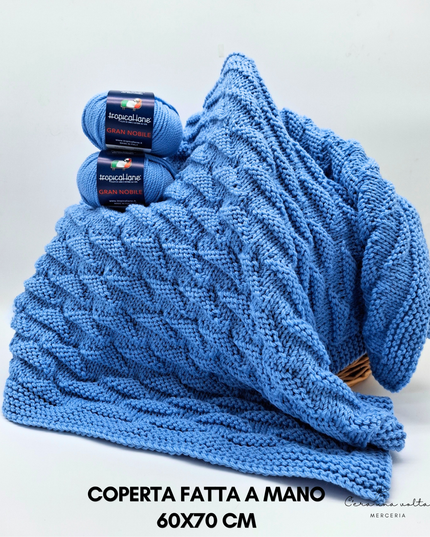Coperta azzurra fatta a mano in lana Merinos