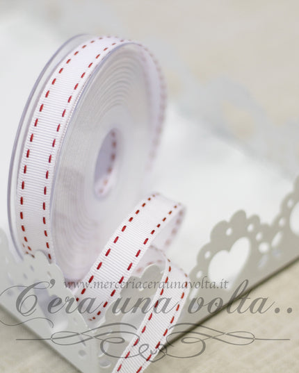 Nastro  Gross Grain Bianco con impuntura Rossa
