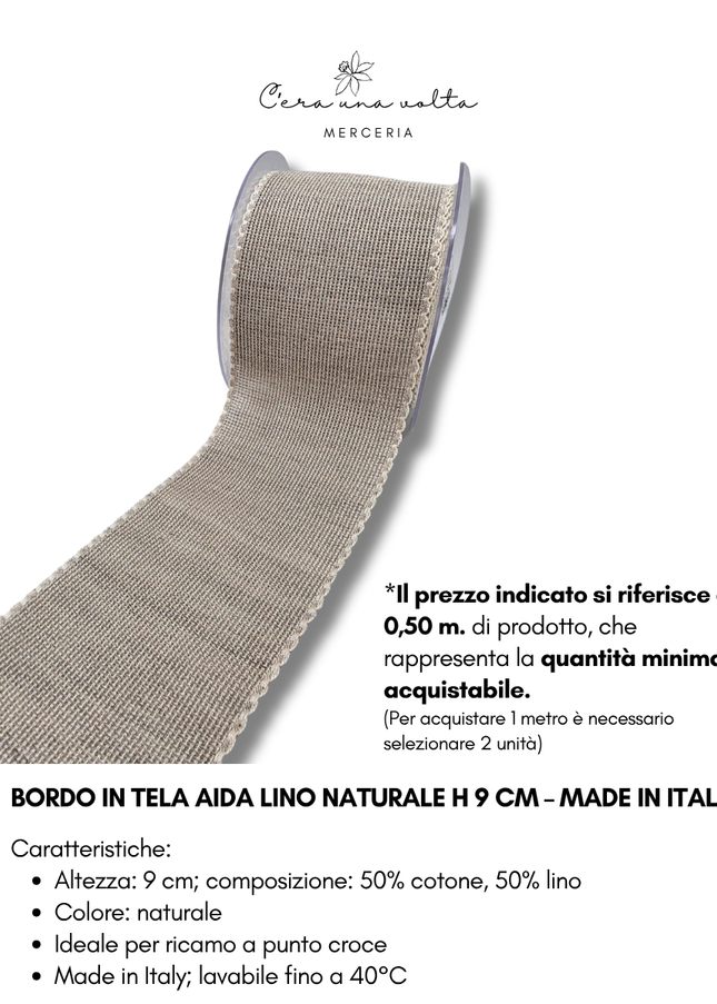 Bordo in Tela Aida Lino Naturale H 9 cm – Made in Italy