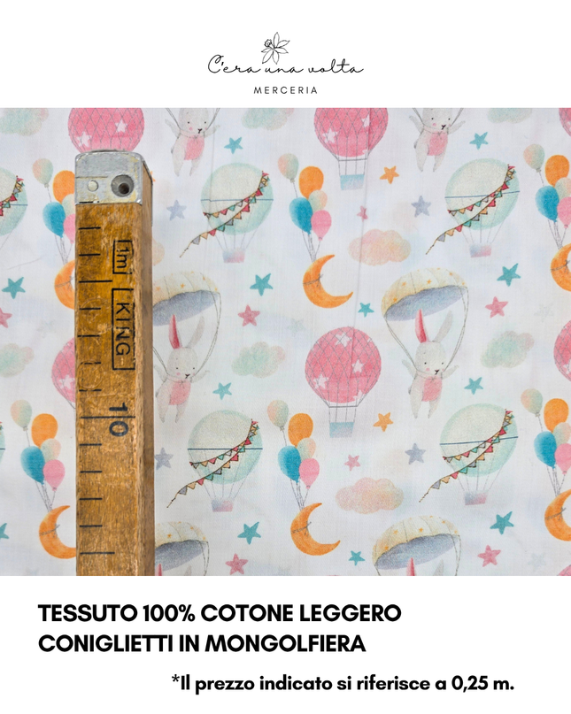 Tessuto 100% Cotone Leggero – Coniglietti in Mongolfiera