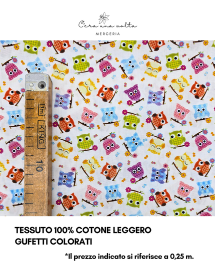 Tessuto 100% Cotone Leggero – Gufetti Colorati