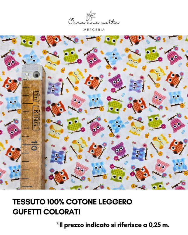 Tessuto 100% Cotone Leggero – Gufetti Colorati