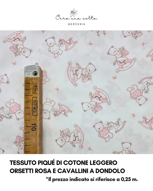 Tessuto Piqué di Cotone Leggero - Orsetti Rosa e Cavallini a Dondolo