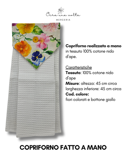 Copriforno fatto a mano fiori colorati e bottone