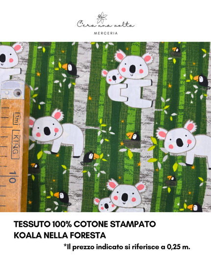 Tessuto 100% Cotone Stampato – Koala nella Foresta