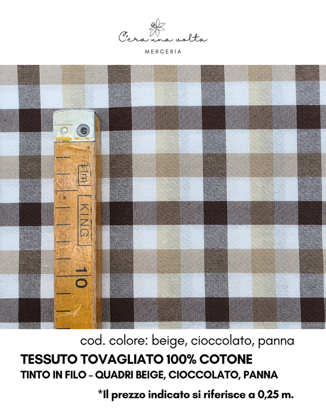 Tessuto Tovagliato 100% Cotone Tinto in Filo – Quadri beige, cioccolato, panna