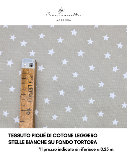 Tessuto Piqué di Cotone Leggero - Stelle Bianche su Fondo Tortora