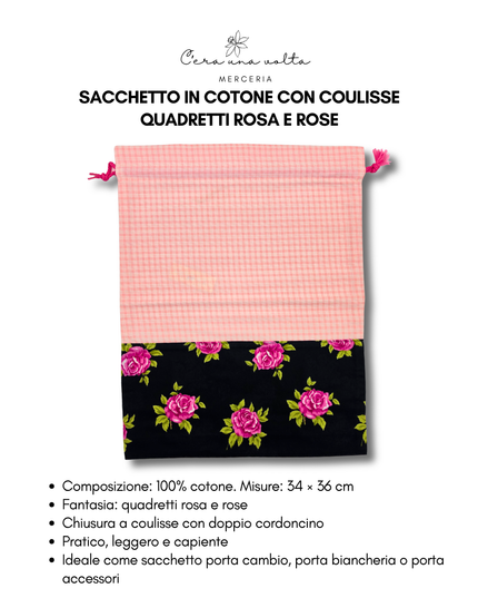 Sacchetto in Cotone con Coulisse – Quadretti Rosa e Rose