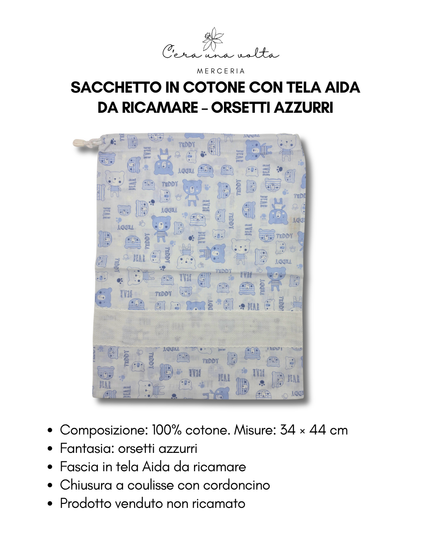 Sacchetto in Cotone con tela aida da ricamare – Orsetti Azzurri