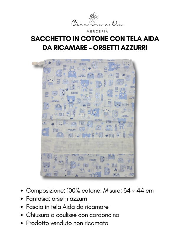 Sacchetto in Cotone con tela aida da ricamare – Orsetti Azzurri