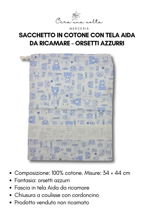 Sacchetto in Cotone con tela aida da ricamare – Orsetti Azzurri