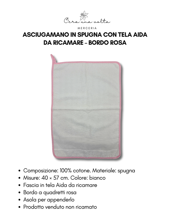 Asciugamano in spugna con tela aida da ricamare – bordo rosa