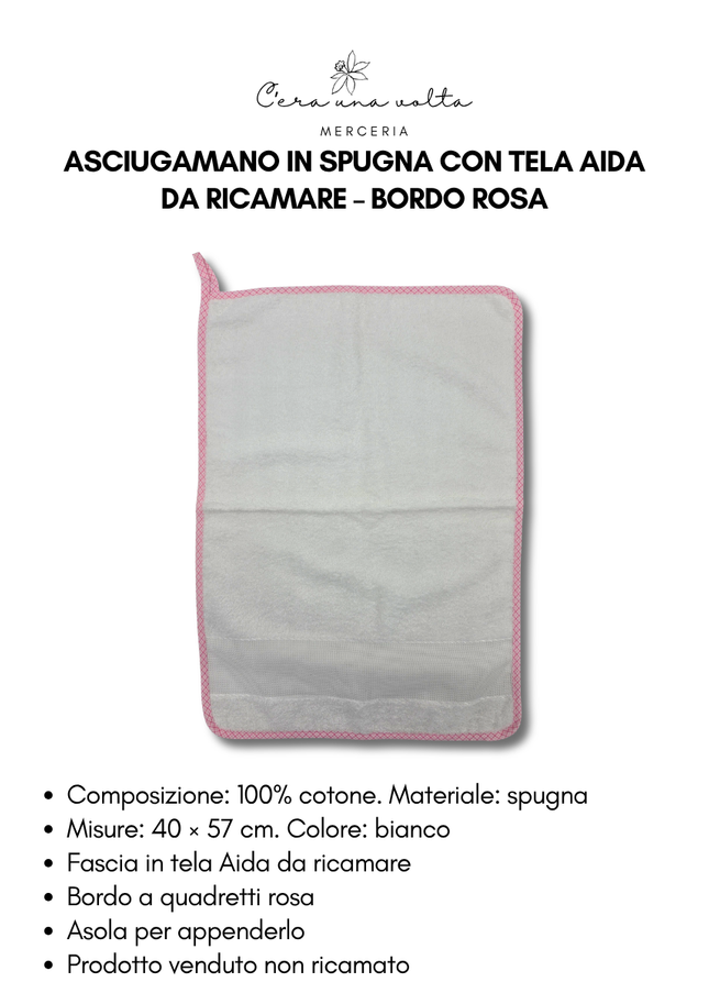 Asciugamano in spugna con tela aida da ricamare – bordo rosa