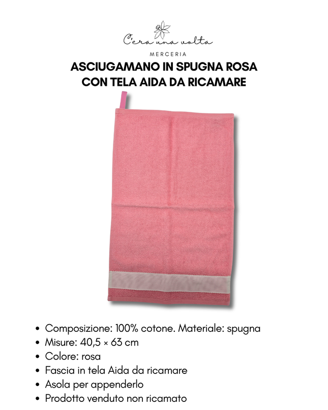 Asciugamano in spugna rosa con tela Aida da ricamare