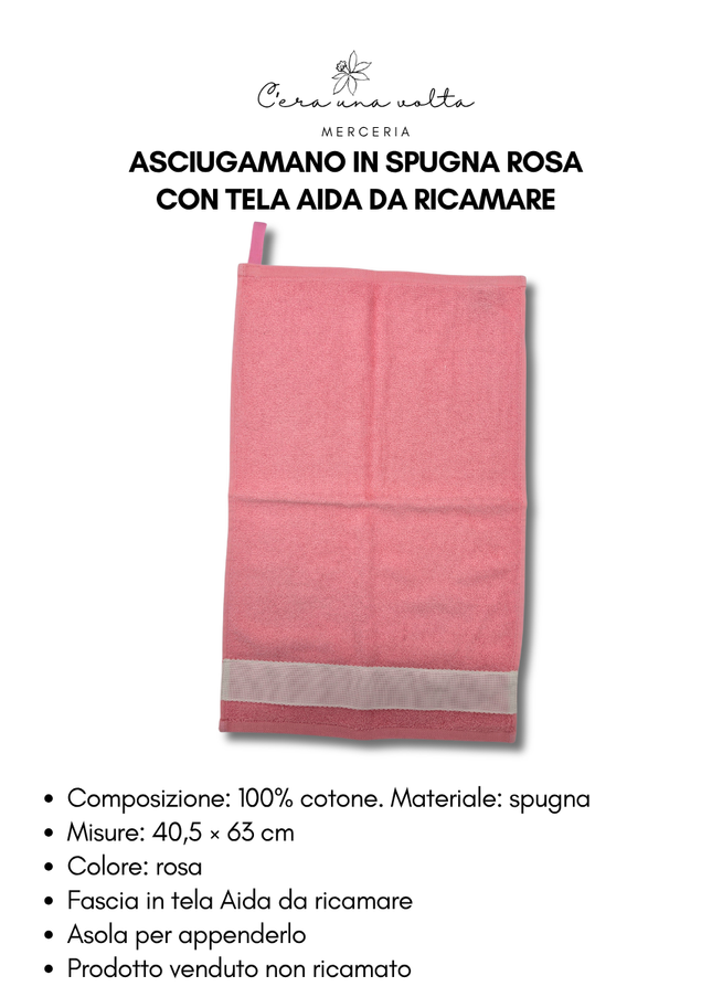 Asciugamano in spugna rosa con tela Aida da ricamare