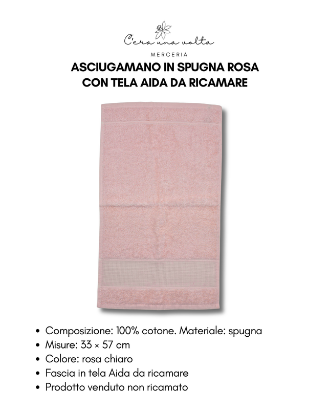 Asciugamano in spugna rosa con tela Aida da ricamare