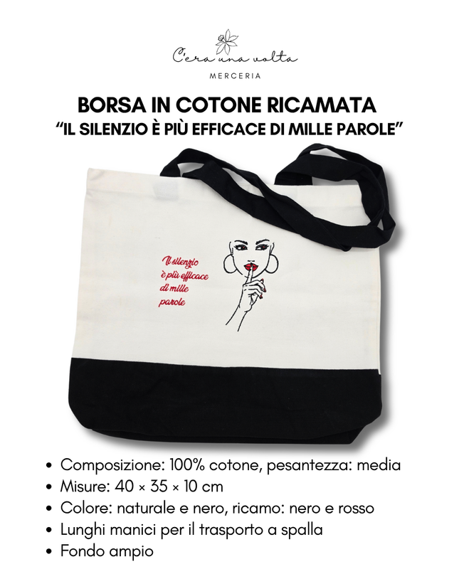 Borsa in Cotone Ricamata – Il Silenzio è Più Efficace di Mille Parole